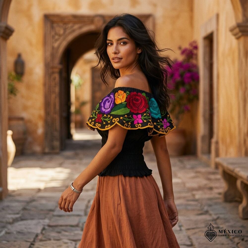 Multicolor red Mexican Chiapas Blouse  Elastic Bodice TraditionalTop XS/S/M